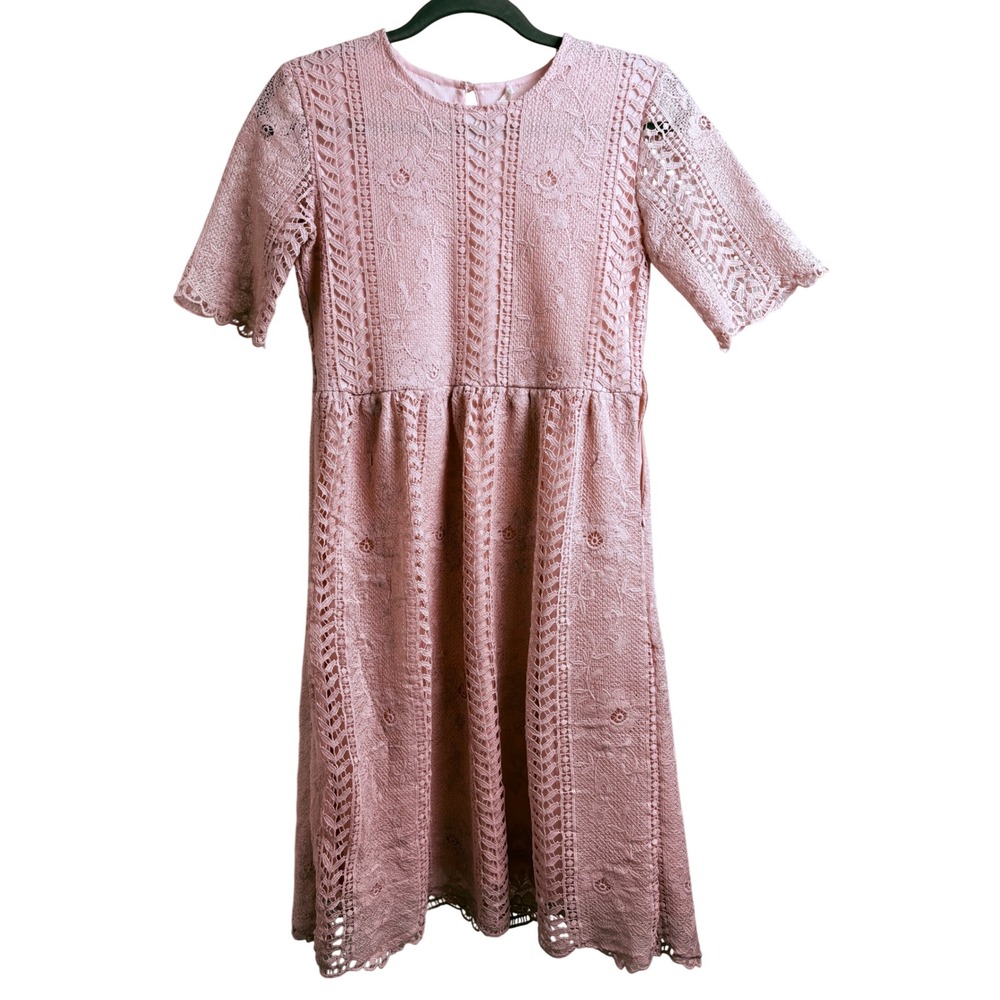 Blush Pink Lace Dress Women's Cottagecore Romantic Coquette Tea Party Midi